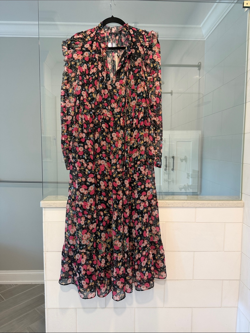 Olivaceous Black Maxi Dress with Pink Floral Print